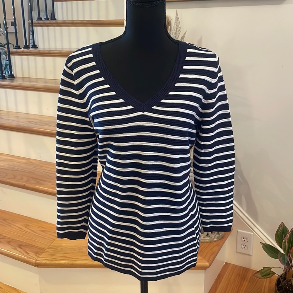 Loft navy blue and white stripe v neck sweater Sz S